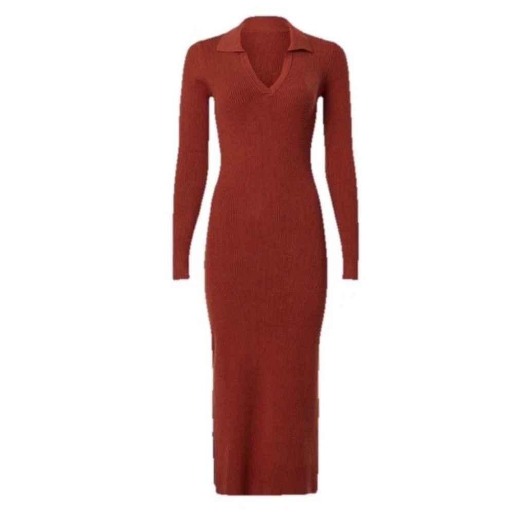 Marine Layer Lexi Sweater Rib Polo Dress Women's Large Burnt Henna Midi